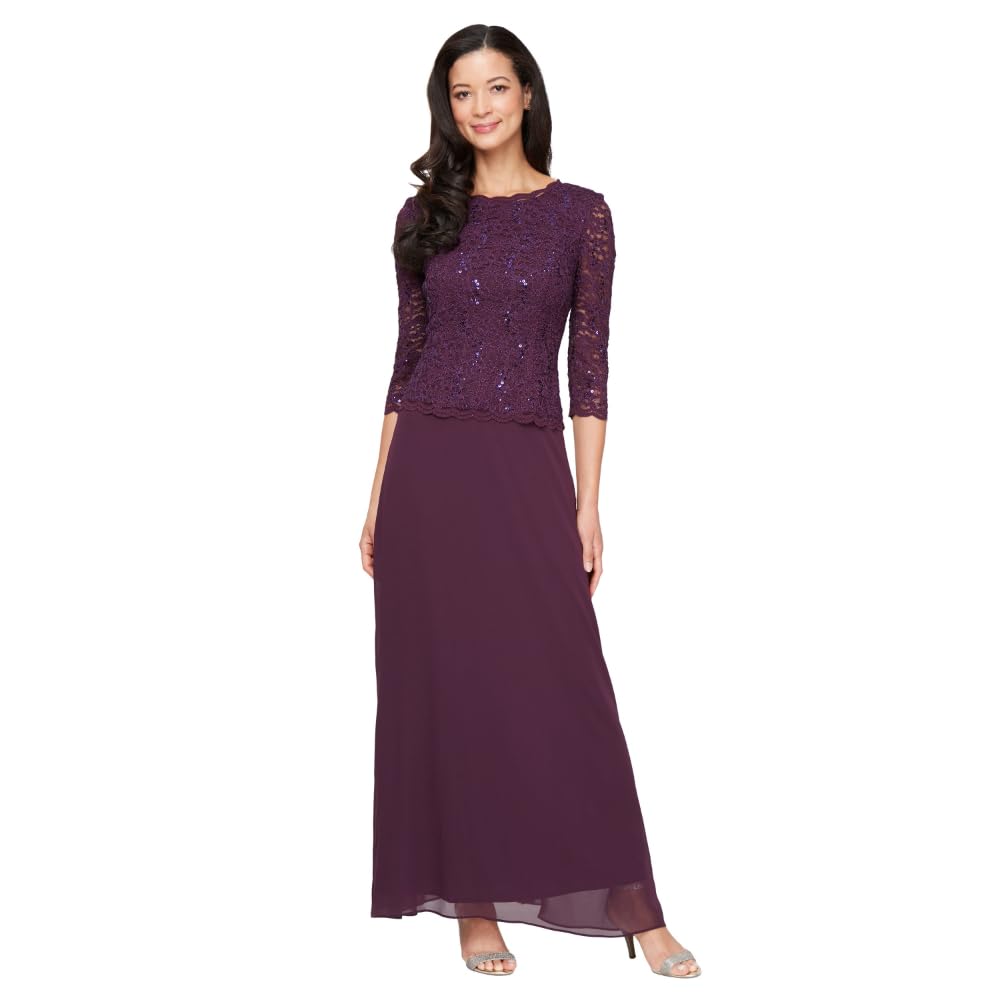 Womens Three Quarter Sleeve Stretch Lace Bodice Gown