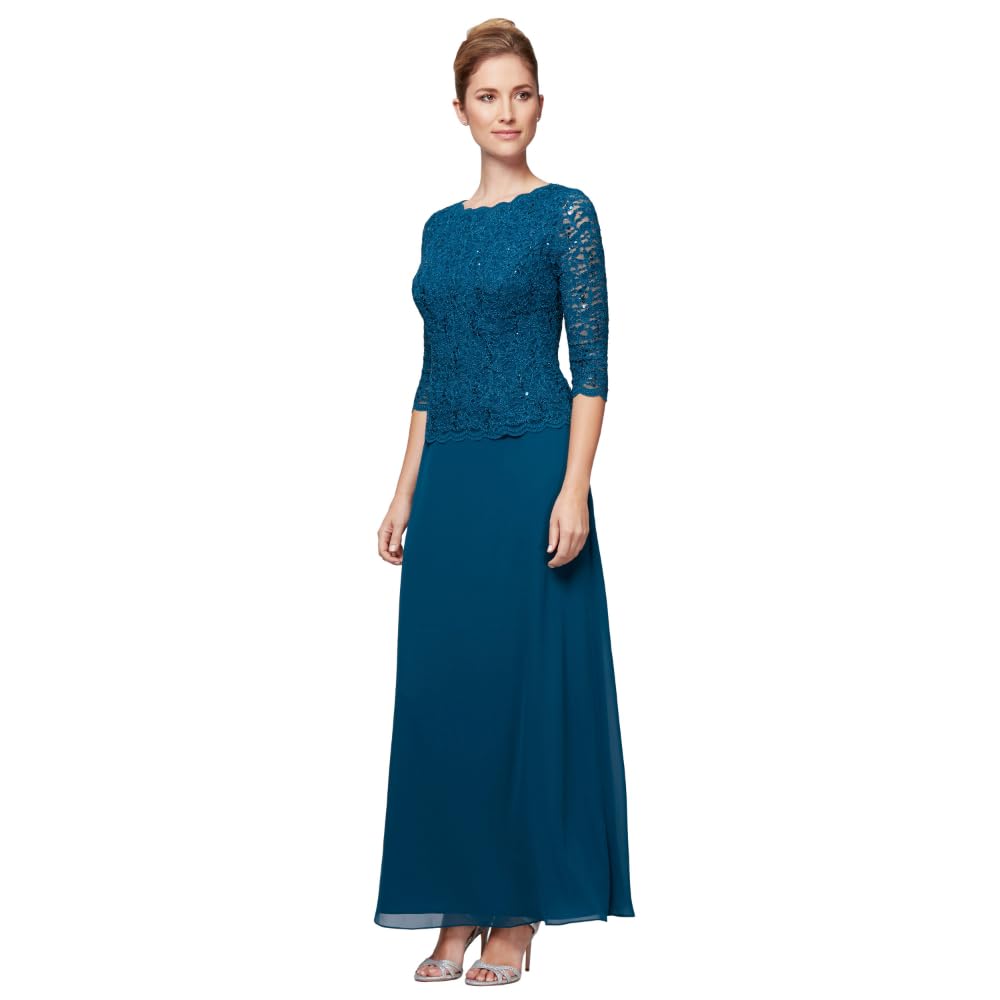 Womens Three Quarter Sleeve Stretch Lace Bodice Gown