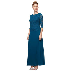 Womens Three Quarter Sleeve Stretch Lace Bodice Gown
