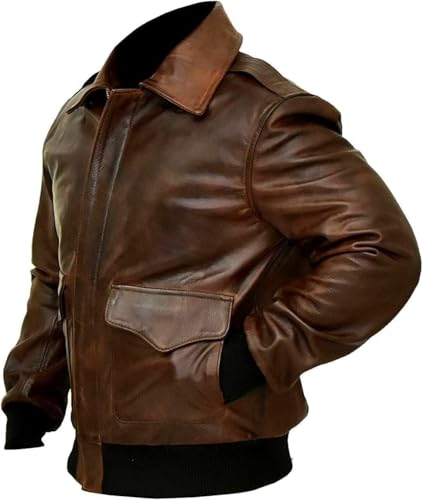 Mens G1 Fur Collar Distressed Brown Leather Flight Jacket