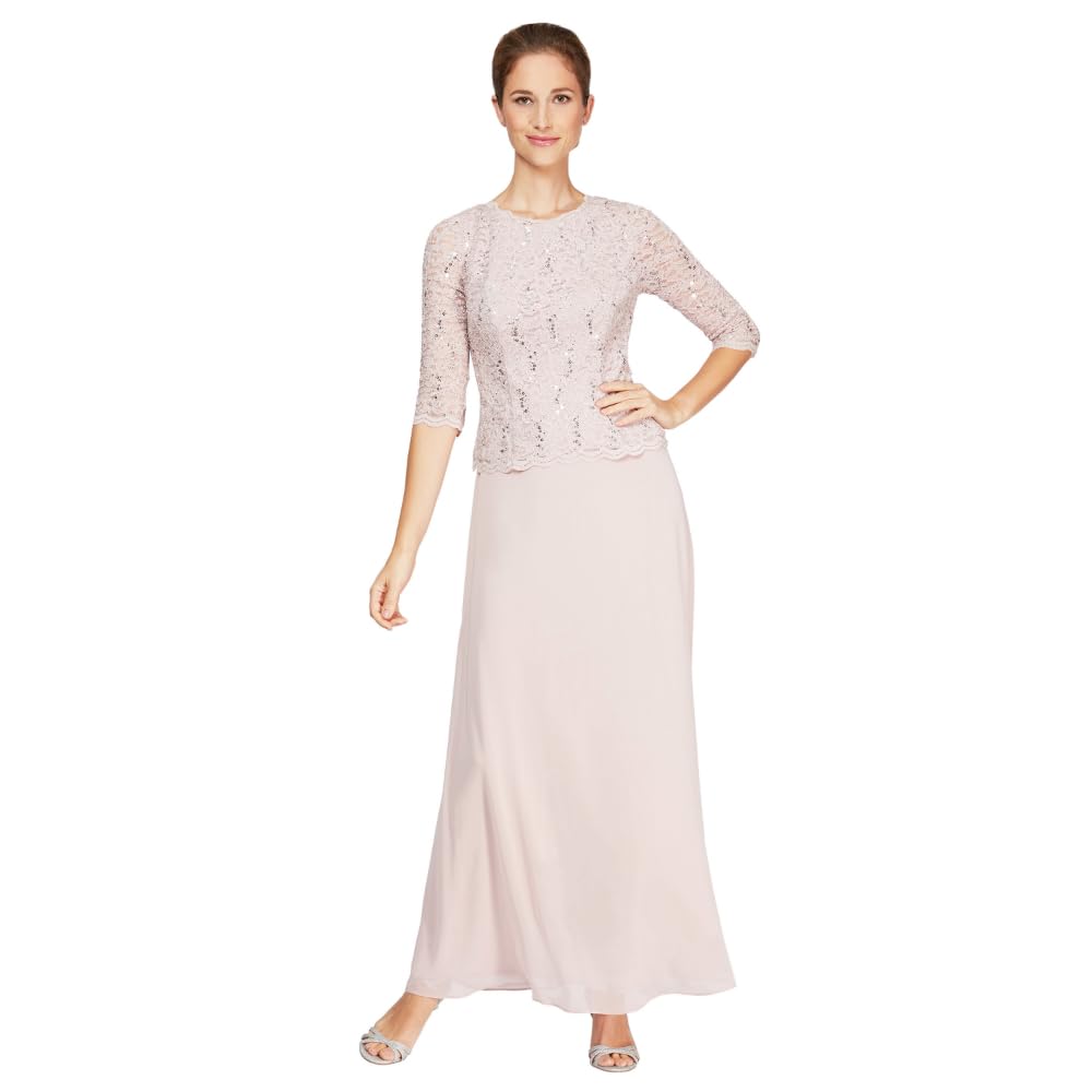 Womens Three Quarter Sleeve Stretch Lace Bodice Gown
