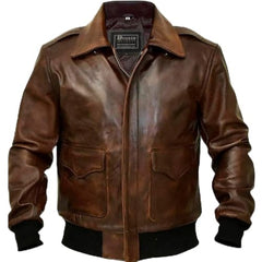 Mens G1 Fur Collar Distressed Brown Leather Flight Jacket