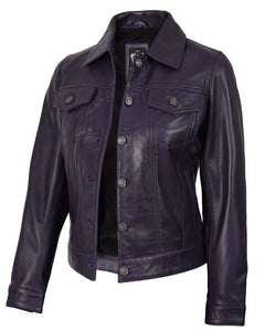 Vintage Lambskin Leather Trucker Jacket Button Closure