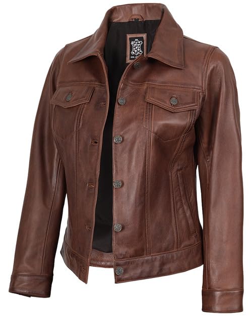 Vintage Lambskin Leather Trucker Jacket Button Closure