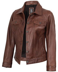 Vintage Lambskin Leather Trucker Jacket Button Closure