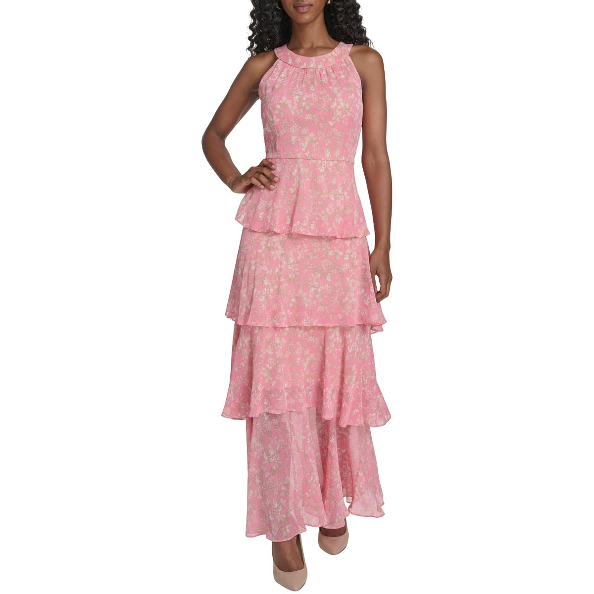 Womens Sleeveless Halter Neck Tiered Maxi Dress