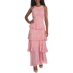 Womens Sleeveless Halter Neck Tiered Maxi Dress
