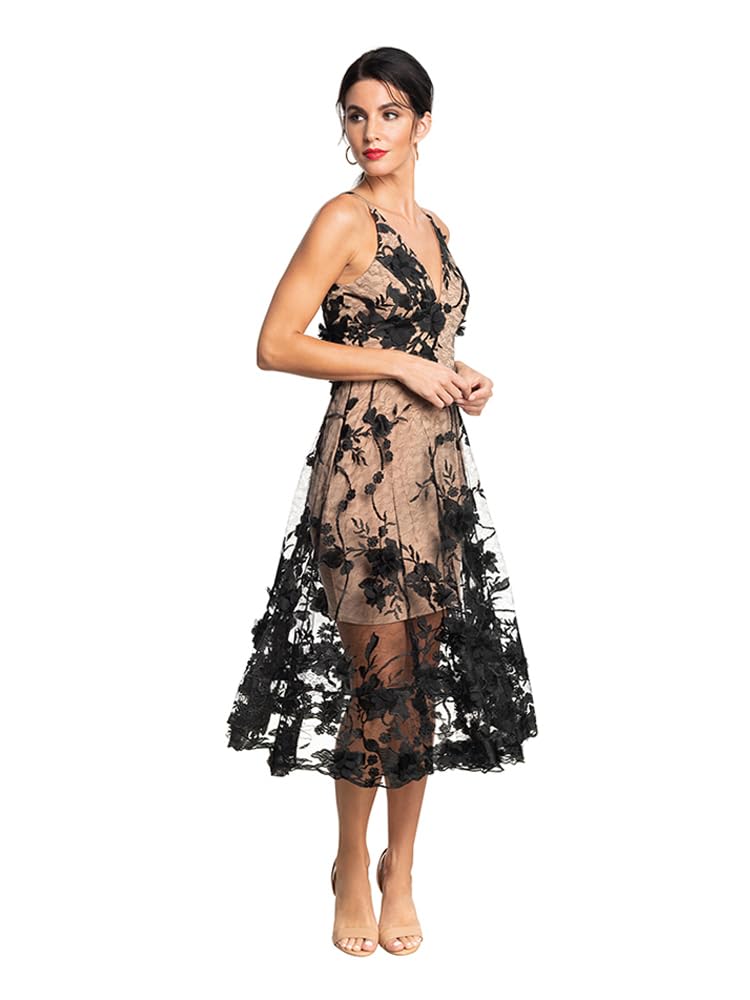 Womens Spaghetti Strap A Line Midi 3D Floral Dress