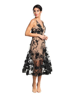 Womens Spaghetti Strap A Line Midi 3D Floral Dress