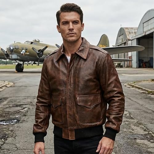 Mens G1 Fur Collar Distressed Brown Leather Flight Jacket