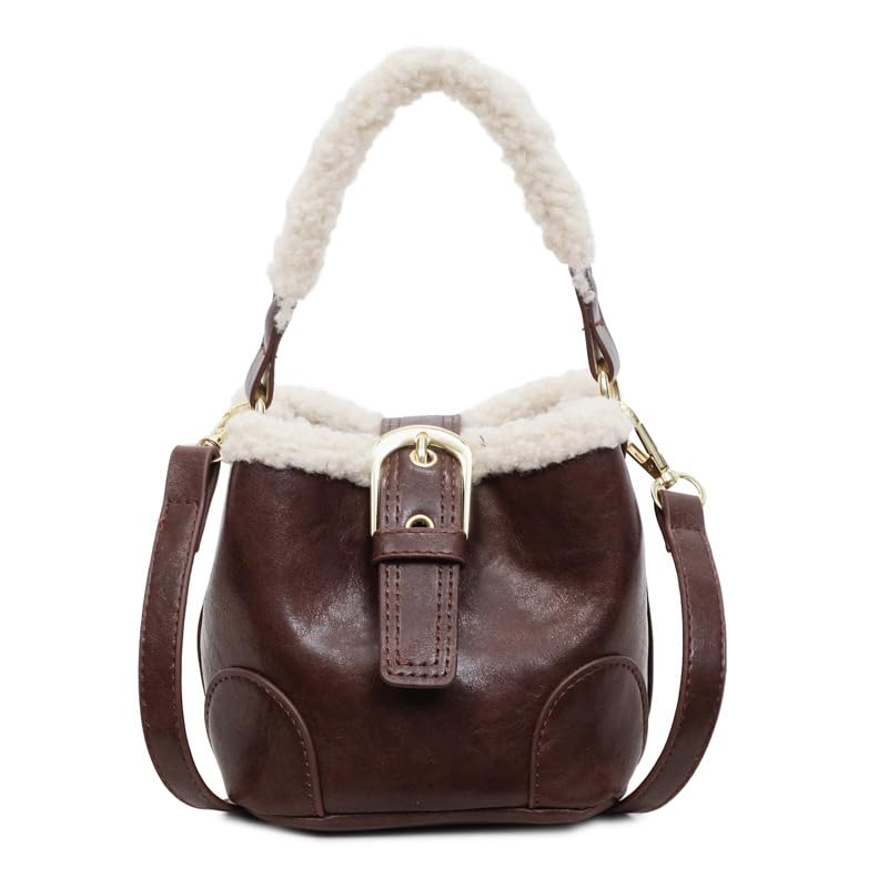 Vintage Plush PU Drawstring Bucket Crossbody Bag for Women