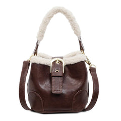 Vintage Plush PU Drawstring Bucket Crossbody Bag for Women