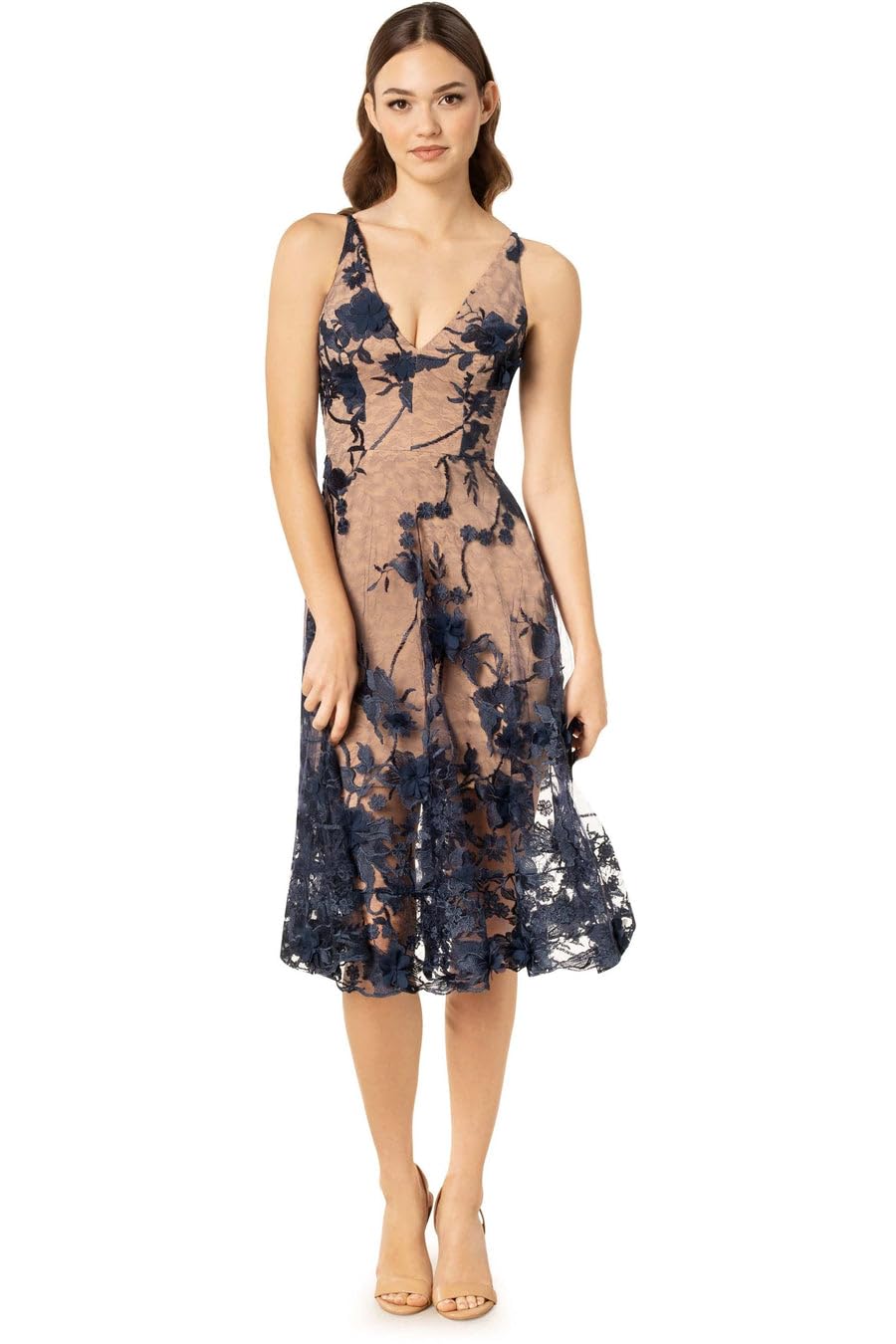 Womens Spaghetti Strap A Line Midi 3D Floral Dress