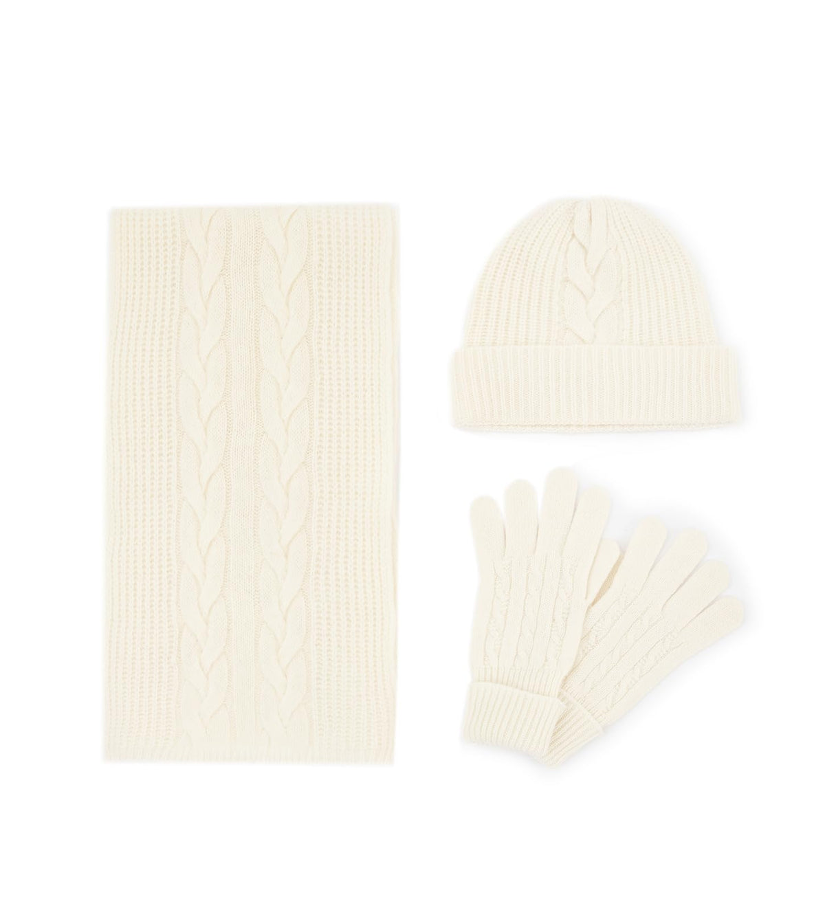 Womens Pure Cashmere Cable Knit Scarf Hat and Gloves Set