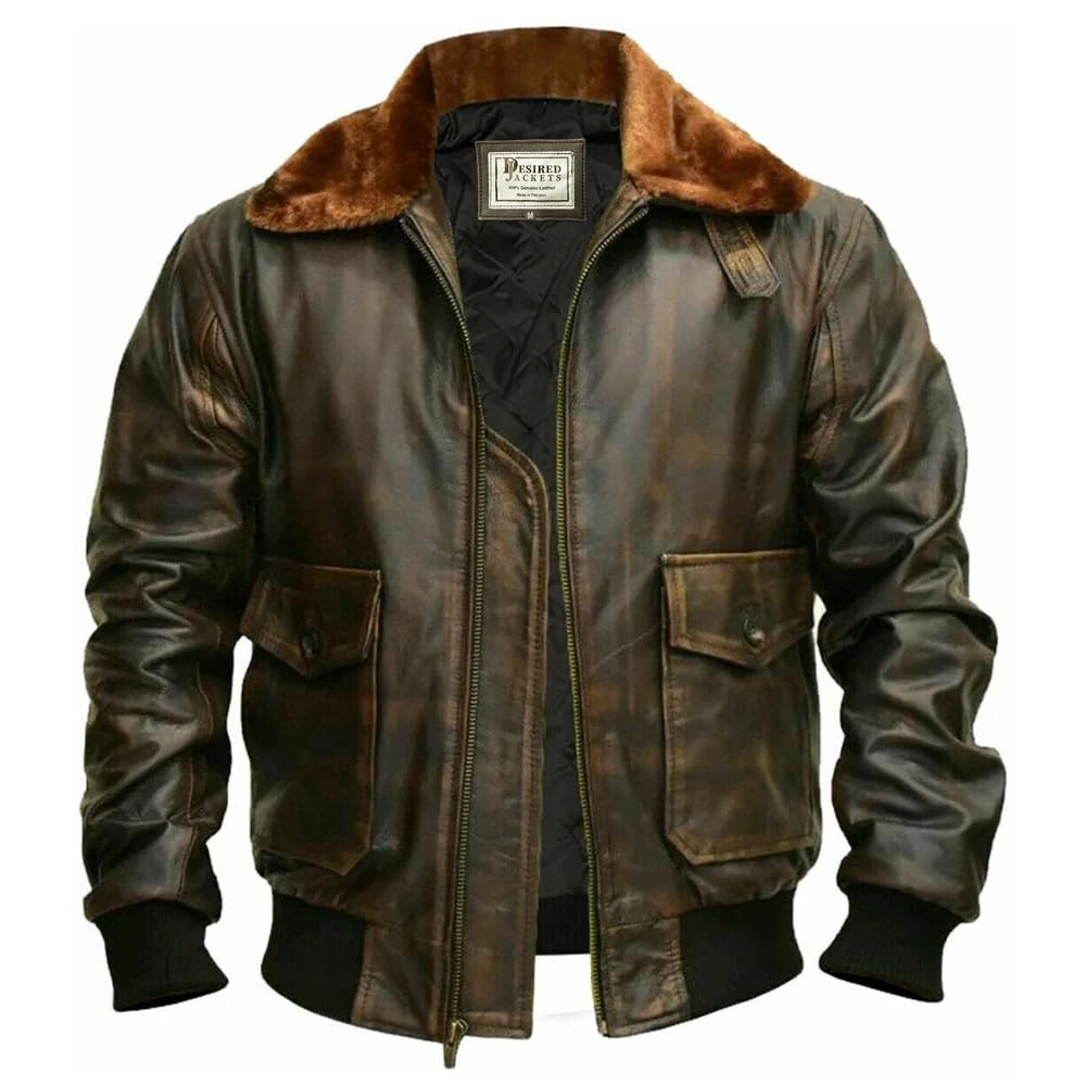 Mens G1 Fur Collar Distressed Brown Leather Flight Jacket