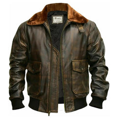 Mens G1 Fur Collar Distressed Brown Leather Flight Jacket