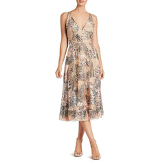 Womens Spaghetti Strap A Line Midi 3D Floral Dress