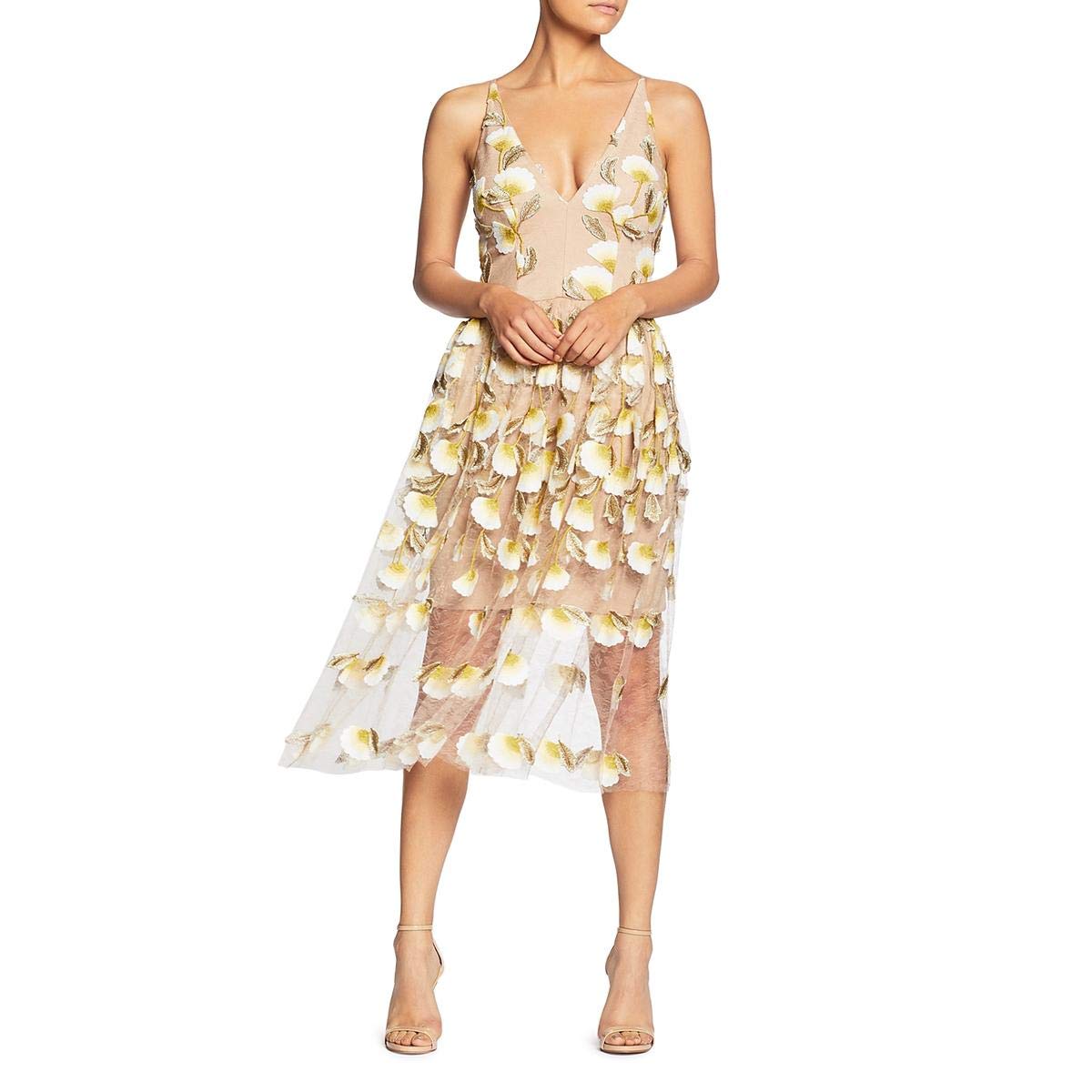 Womens Spaghetti Strap A Line Midi 3D Floral Dress
