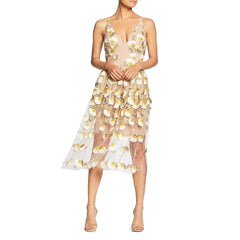 Womens Spaghetti Strap A Line Midi 3D Floral Dress