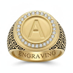 Solid 10K 14K 18K Gold Initial Signet Ring with Lab Grown Diamonds