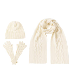 Womens Pure Cashmere Cable Knit Scarf Hat and Gloves Set