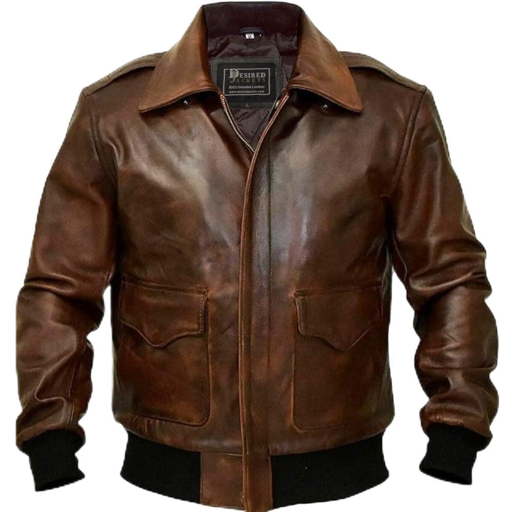 Mens G1 Fur Collar Distressed Brown Leather Flight Jacket