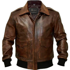 Mens G1 Fur Collar Distressed Brown Leather Flight Jacket