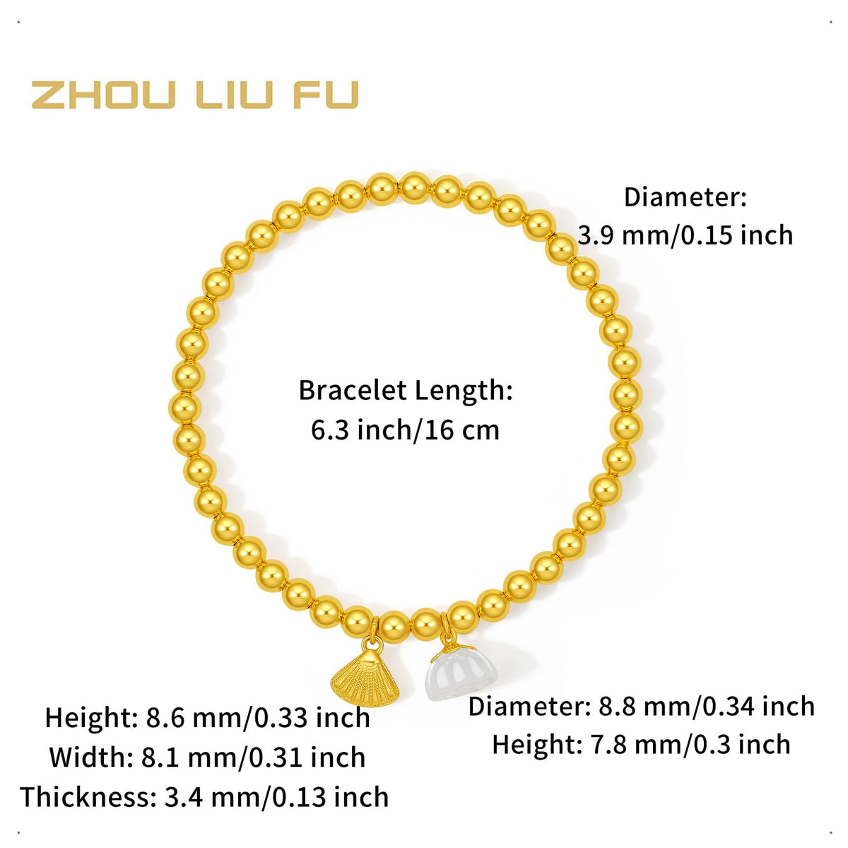 24K Solid Gold Beaded Bracelet with White Jade Lotus Charm