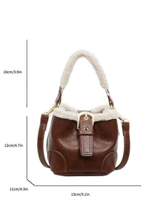 Vintage Plush PU Drawstring Bucket Crossbody Bag for Women