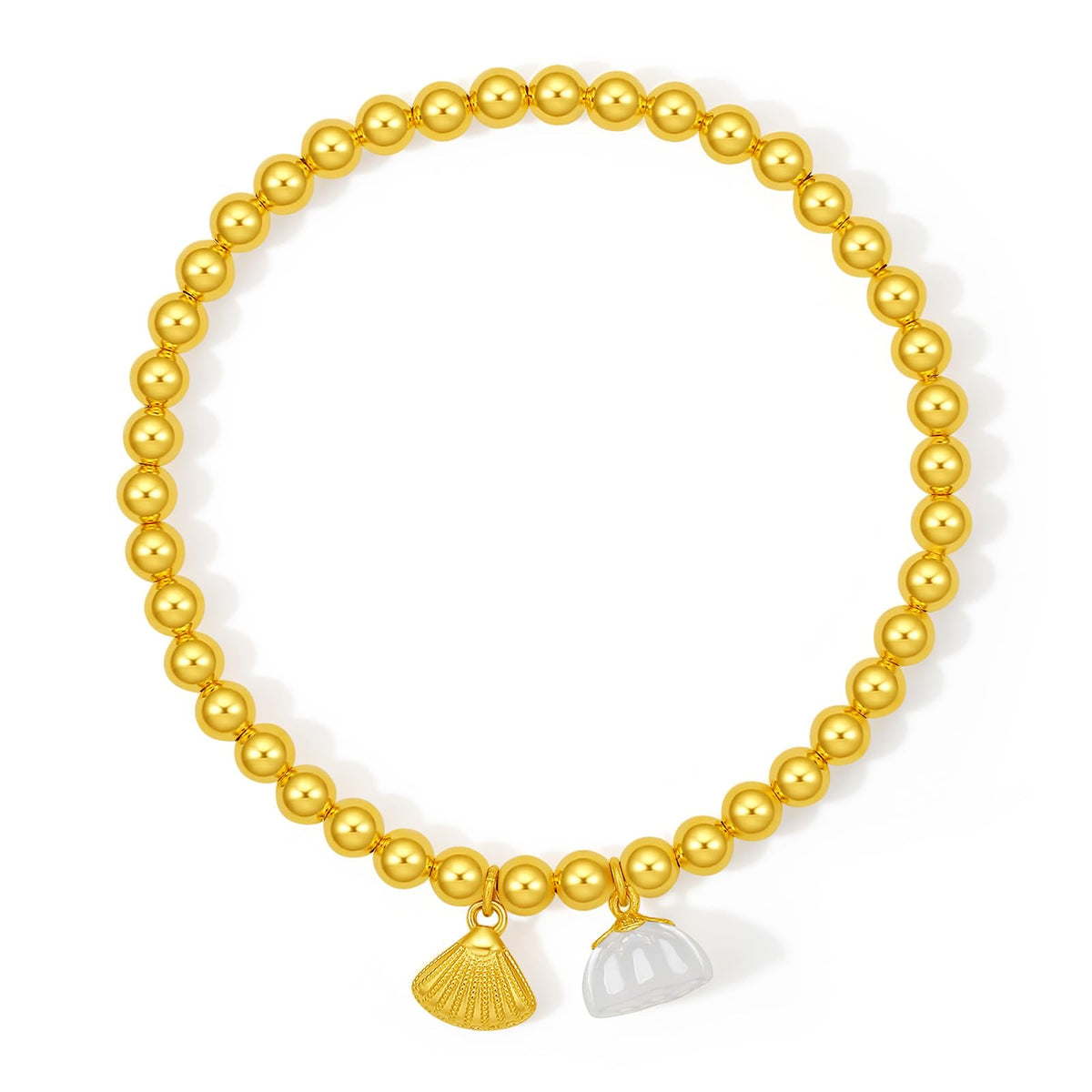 24K Solid Gold Beaded Bracelet with White Jade Lotus Charm