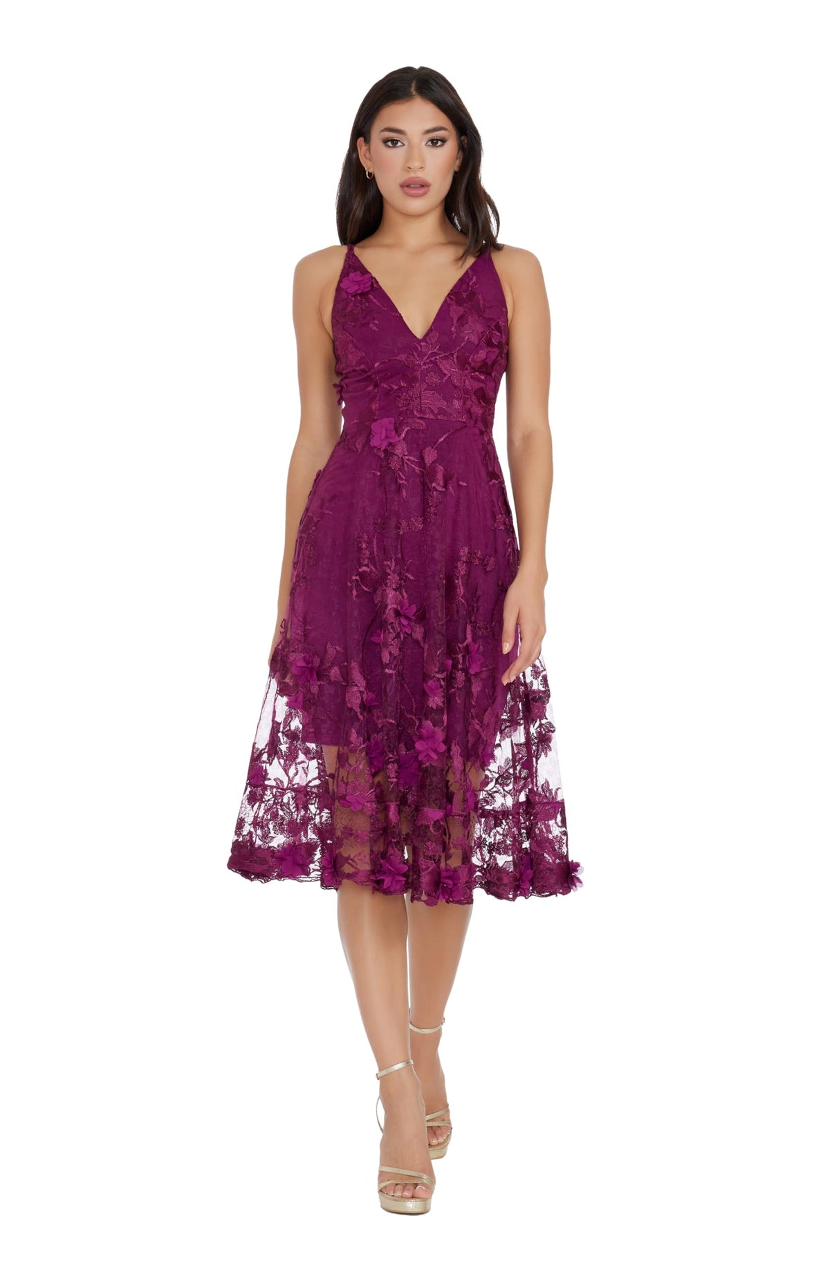 Womens Spaghetti Strap A Line Midi 3D Floral Dress