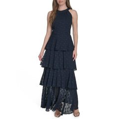 Womens Sleeveless Halter Neck Tiered Maxi Dress
