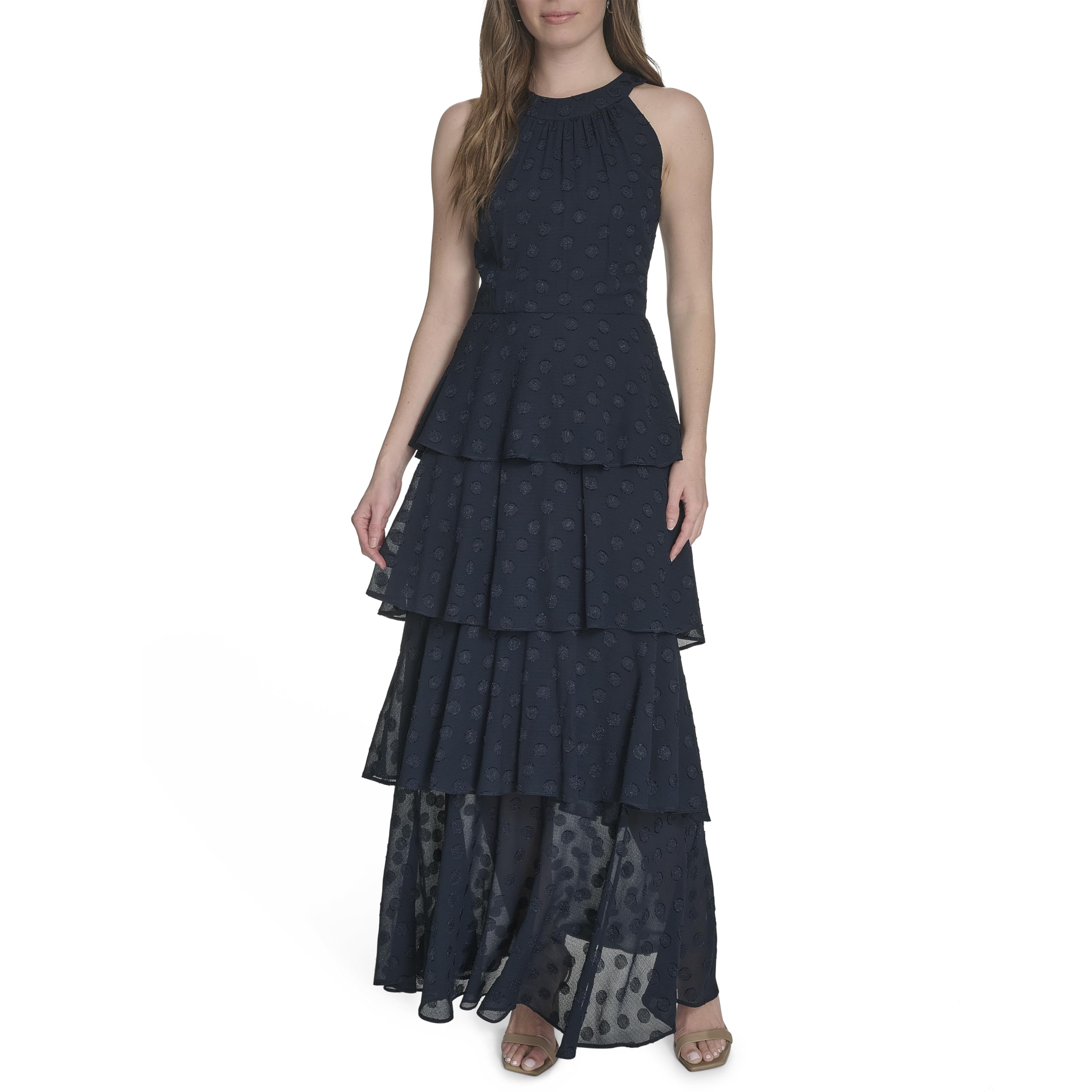 Womens Sleeveless Halter Neck Tiered Maxi Dress