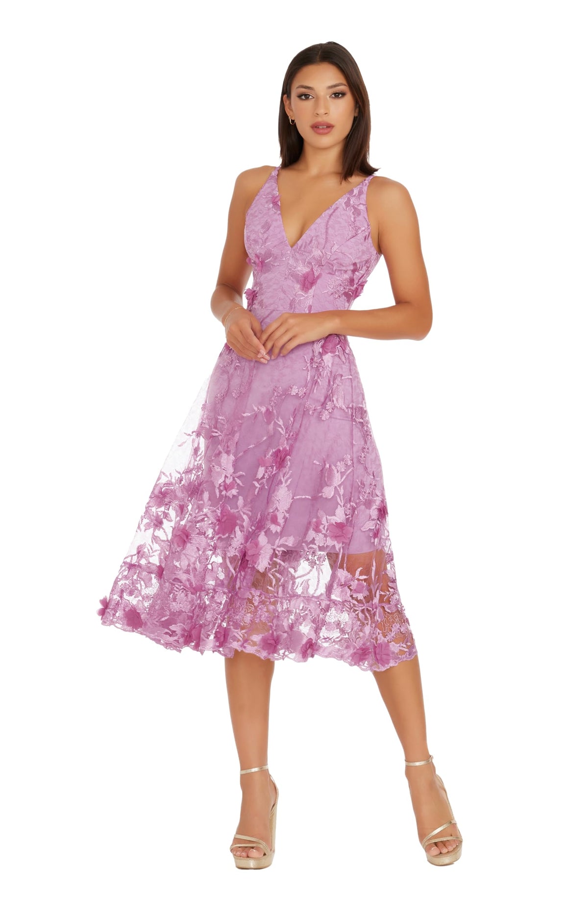 Womens Spaghetti Strap A Line Midi 3D Floral Dress