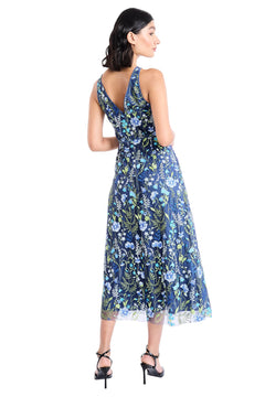 Womens Floral Embroidered Halter Neck Midi Dress