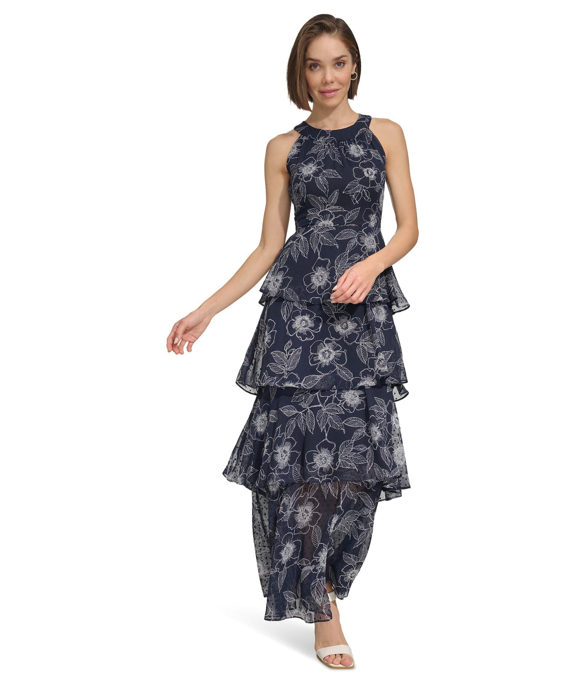 Womens Sleeveless Halter Neck Tiered Maxi Dress