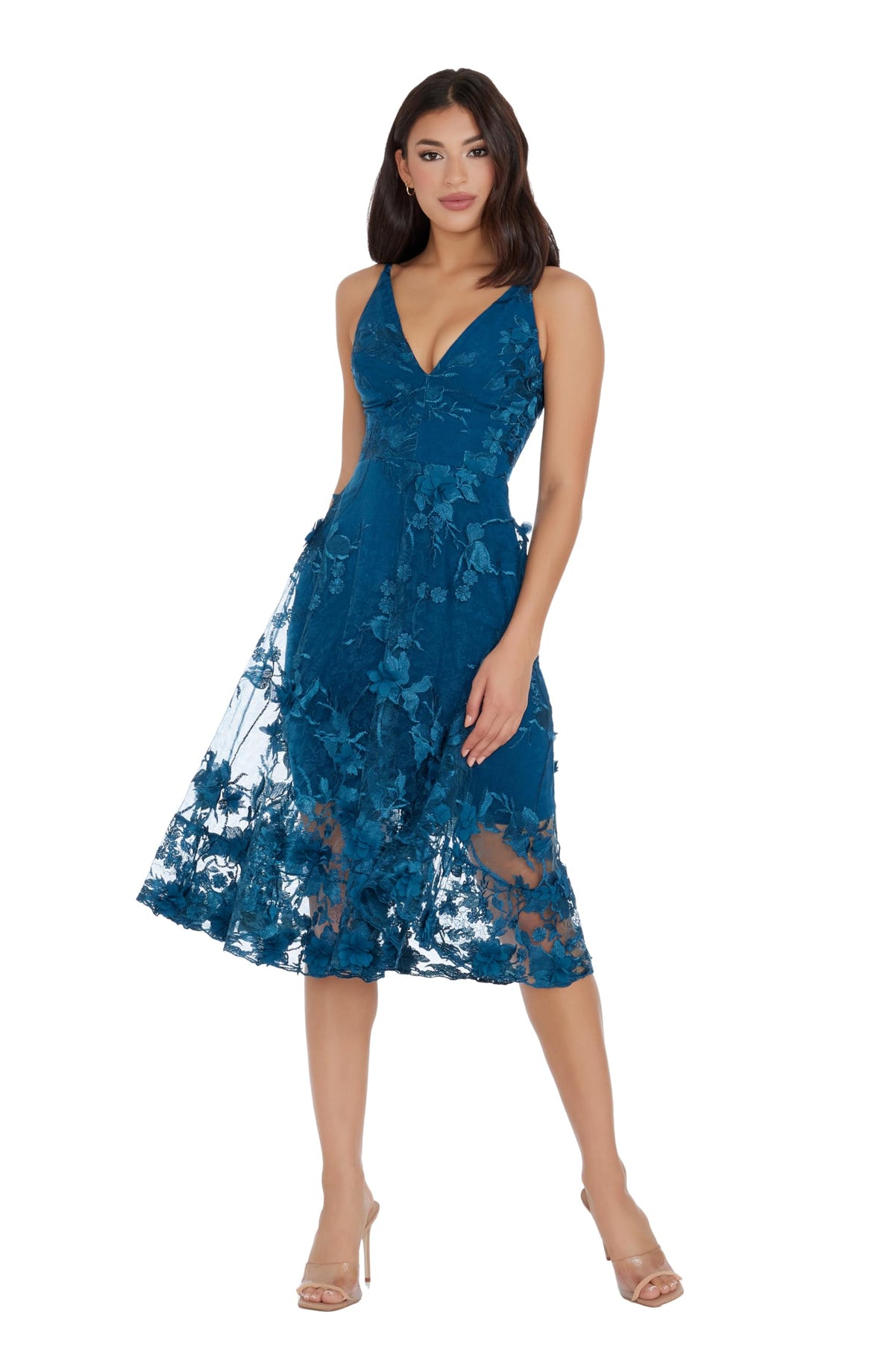Womens Spaghetti Strap A Line Midi 3D Floral Dress