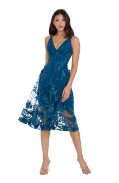 Womens Spaghetti Strap A Line Midi 3D Floral Dress