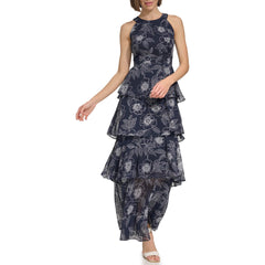 Womens Sleeveless Halter Neck Tiered Maxi Dress