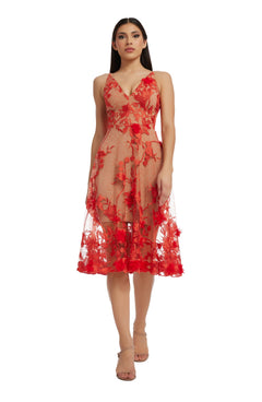 Womens Spaghetti Strap A Line Midi 3D Floral Dress