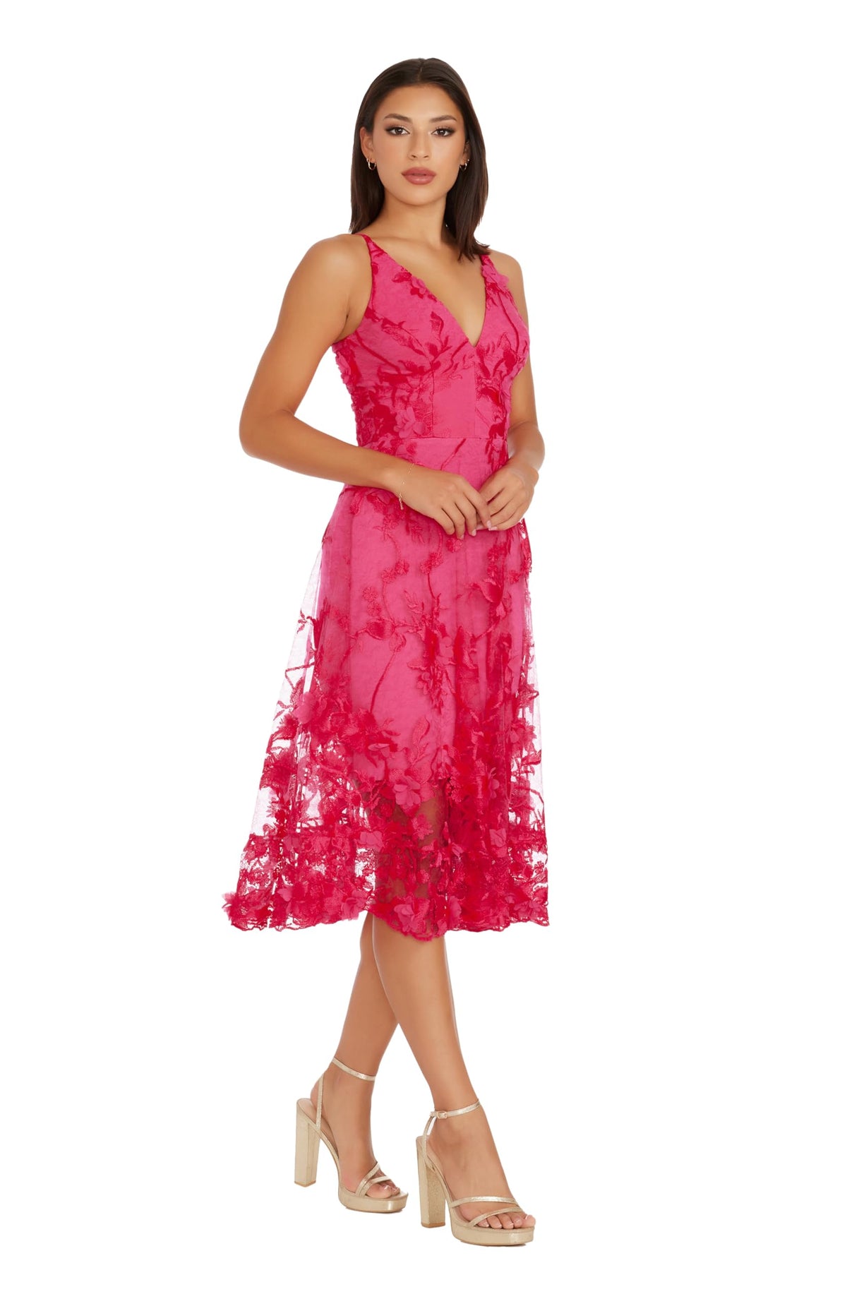 Womens Spaghetti Strap A Line Midi 3D Floral Dress