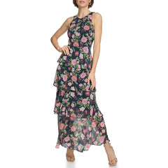 Womens Sleeveless Halter Neck Tiered Maxi Dress