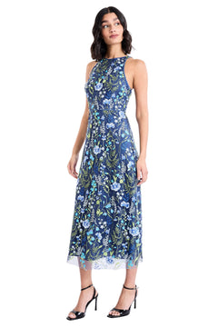 Womens Floral Embroidered Halter Neck Midi Dress