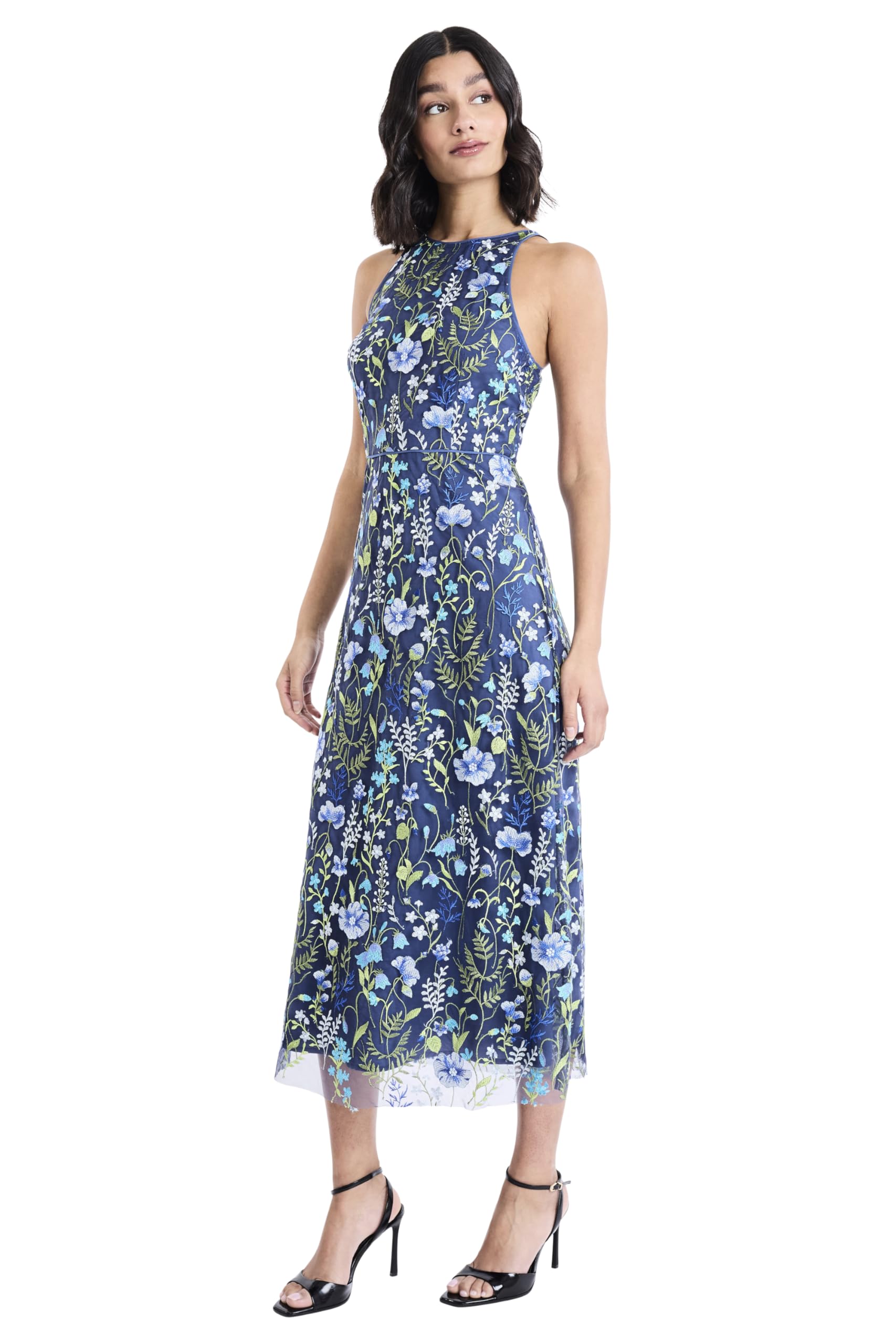 Womens Floral Embroidered Halter Neck Midi Dress