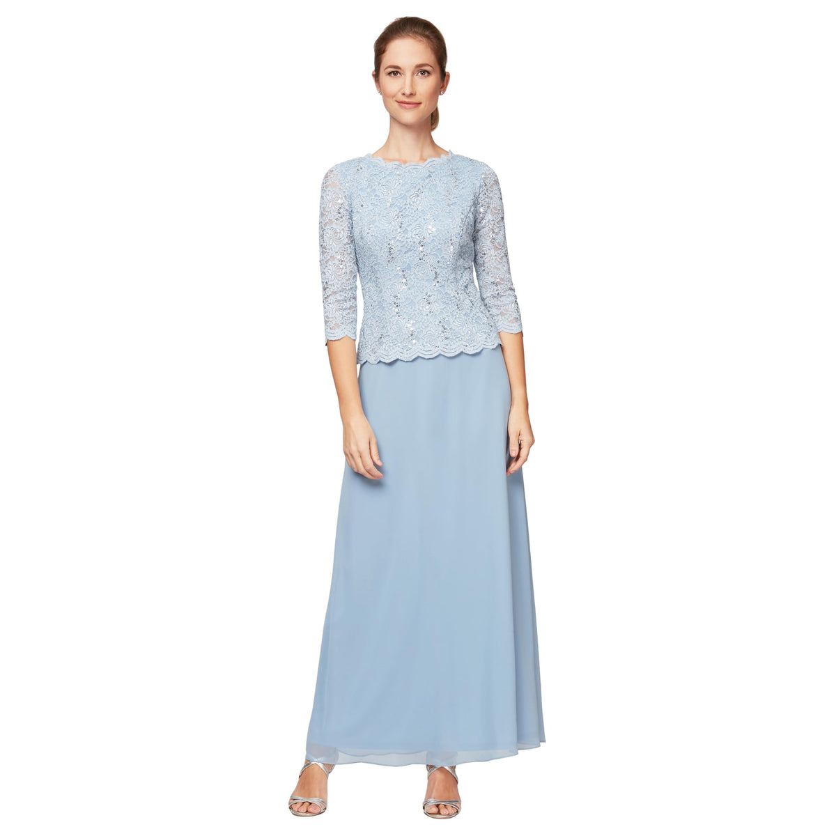 Womens Three Quarter Sleeve Stretch Lace Bodice Gown