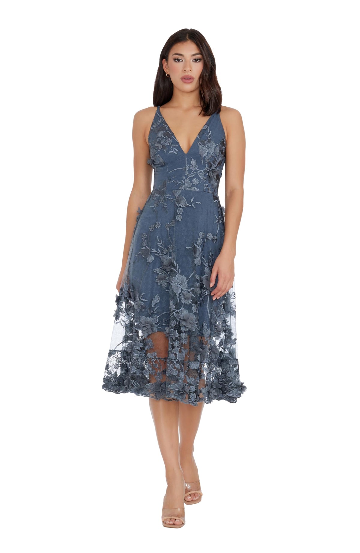 Womens Spaghetti Strap A Line Midi 3D Floral Dress