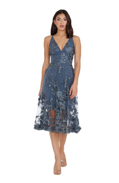 Womens Spaghetti Strap A Line Midi 3D Floral Dress