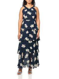 Womens Sleeveless Halter Neck Tiered Maxi Dress