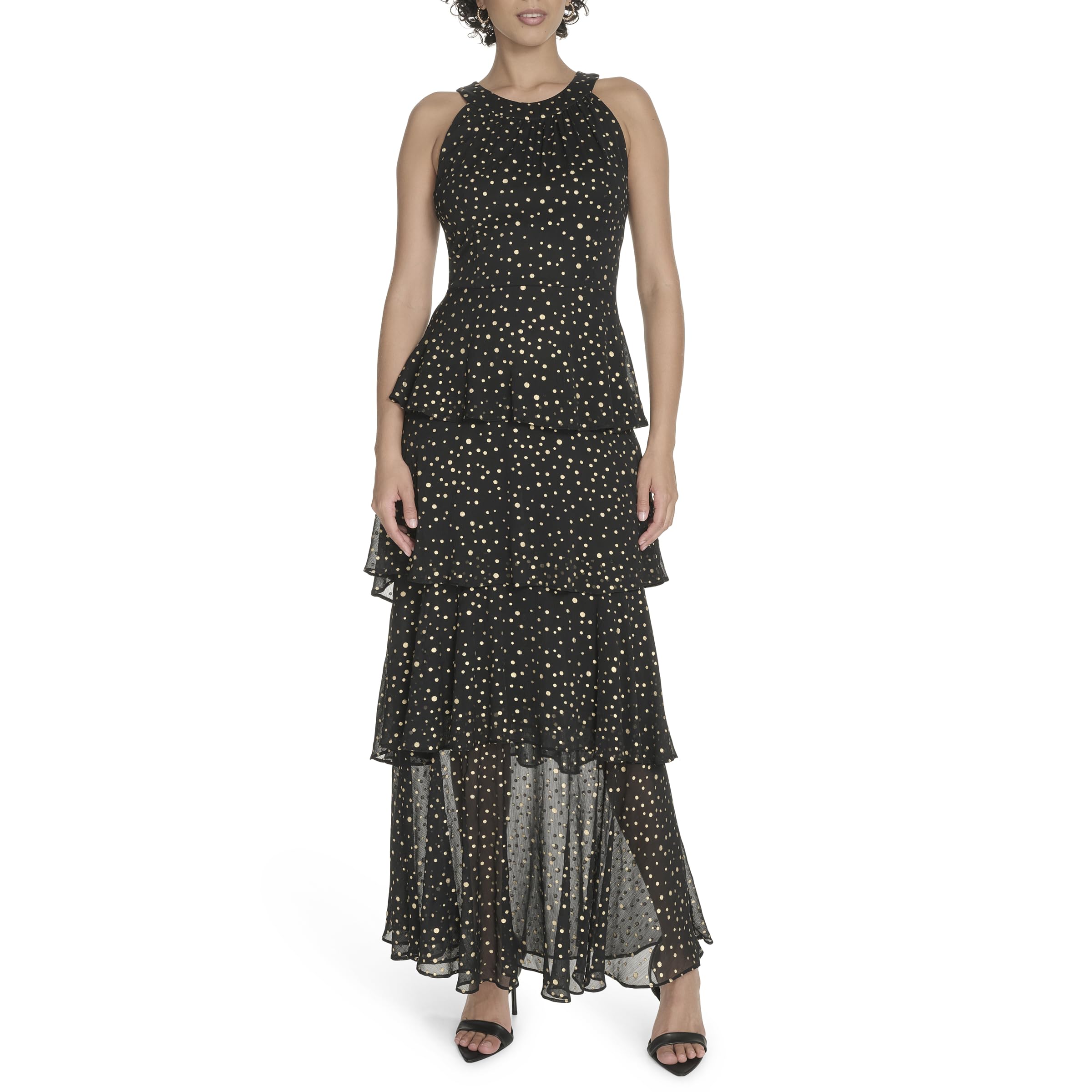 Womens Sleeveless Halter Neck Tiered Maxi Dress