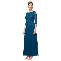 Womens Three Quarter Sleeve Stretch Lace Bodice Gown